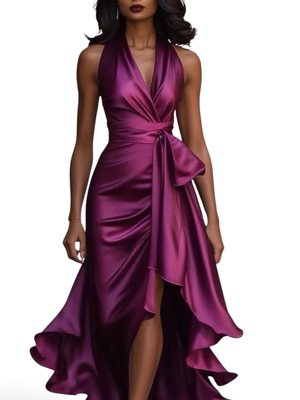 NWT Mooyius Fuchsia Midnight Elegance Satin Halter Hi-Low Ruffle Gown Size M